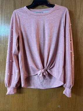 Skonhet Large Pink Tie-Front Pearl Long Sleeve Top